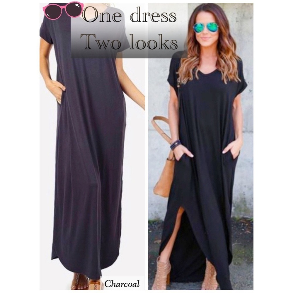V-Neck Maxi Dress In Charcoal